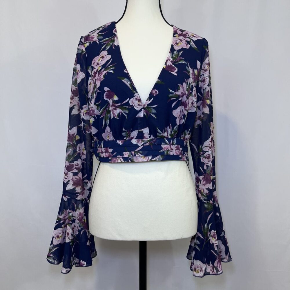 Essue crop top sheer flounce sleeve dark blue pink purple womens M